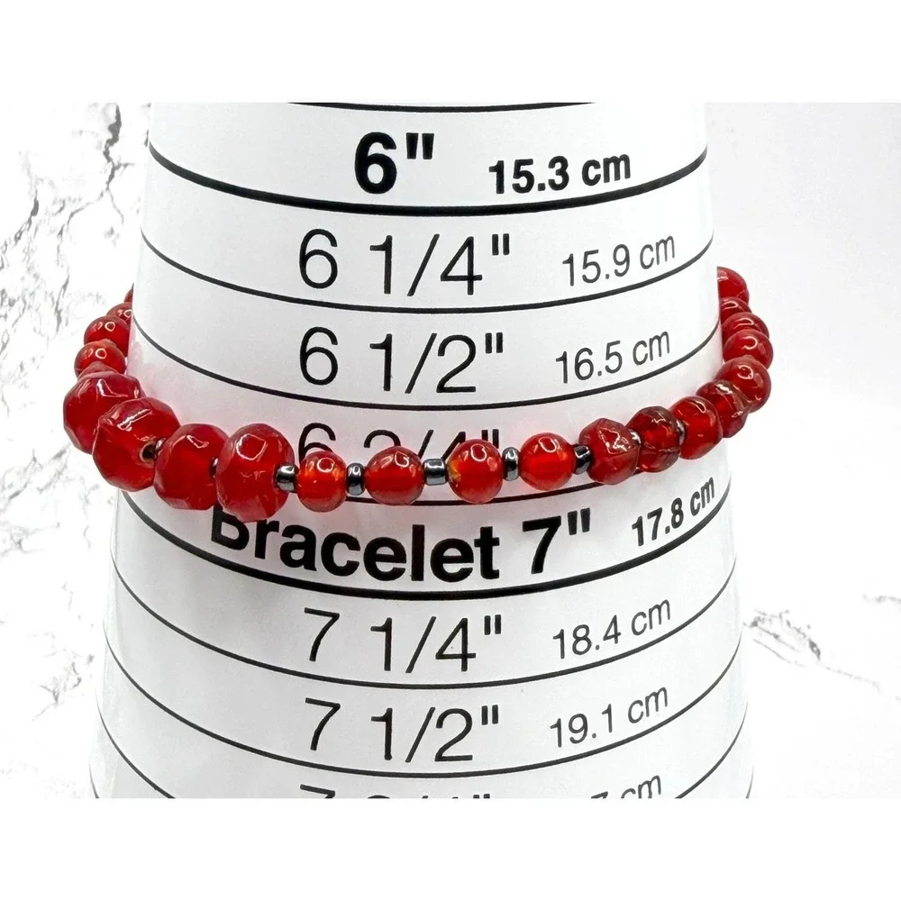 Red Glass Bead Stretch‎ Bracelet Feminine Gunmetal Spacer Stackable 7.75